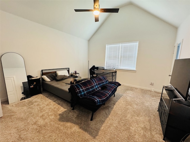 carpeted bedroom featuring baseboards, high vaulted ceiling, and a ceiling fan