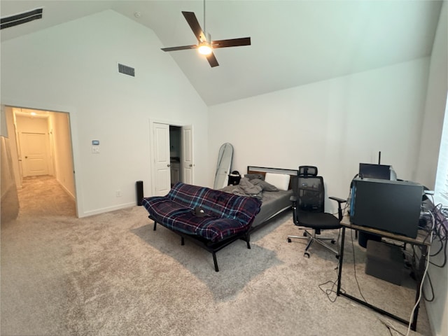 bedroom with carpet floors, visible vents, high vaulted ceiling, and a ceiling fan