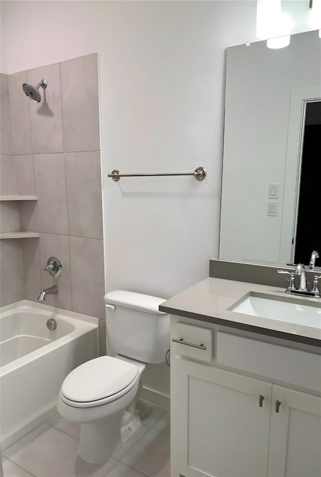 full bathroom with vanity, bathtub / shower combination, tile patterned flooring, and toilet