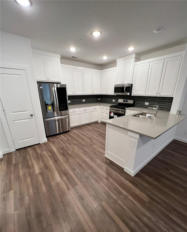 kitchen featuring a peninsula, appliances with stainless steel finishes, backsplash, and a sink