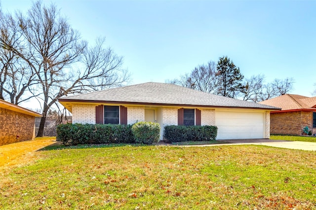 ranch-style house with a garage, a front yard, concrete driveway, and brick siding