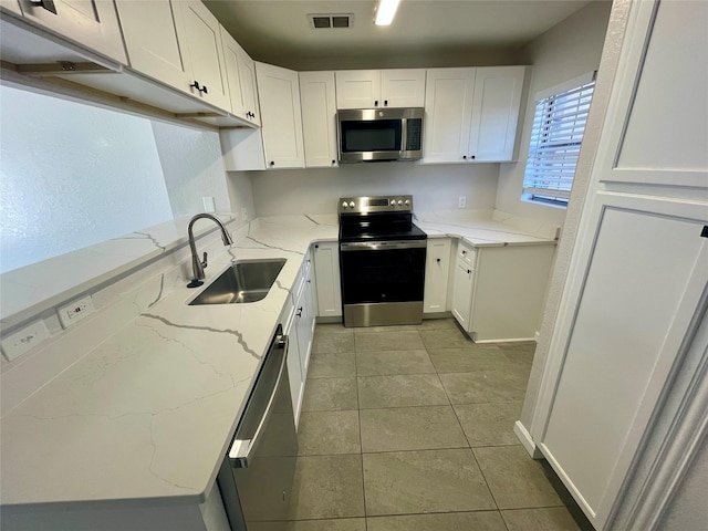 kitchen featuring white cabinetry, visible vents, stainless steel appliances, and a sink