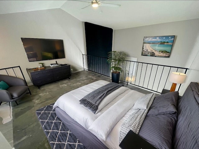 bedroom with a ceiling fan and lofted ceiling