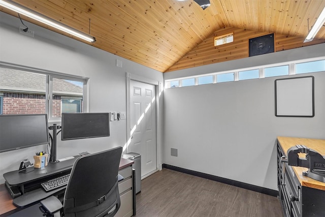 office space with high vaulted ceiling, wooden ceiling, baseboards, and wood finished floors