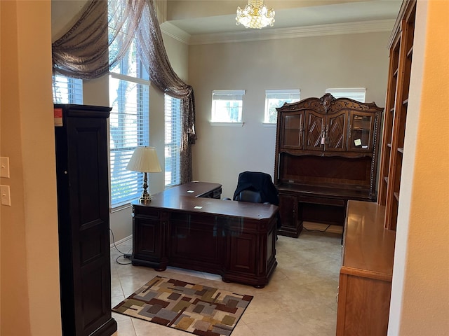 office with light tile patterned floors, an inviting chandelier, and crown molding