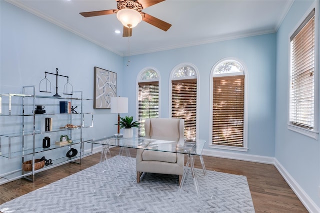 office with ceiling fan, recessed lighting, wood finished floors, baseboards, and ornamental molding