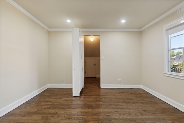 empty room featuring dark wood-style floors, ornamental molding, recessed lighting, and baseboards