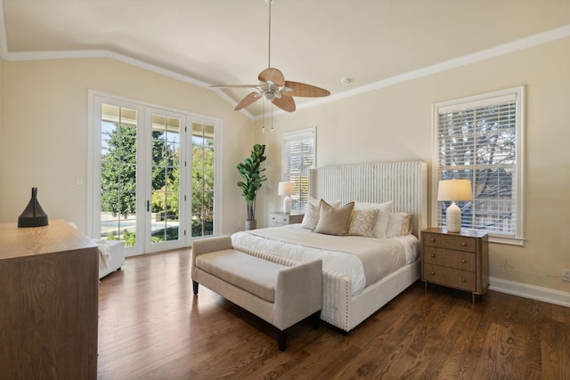 bedroom with lofted ceiling, access to exterior, ornamental molding, and dark wood-type flooring