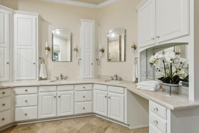 bathroom with double vanity, ornamental molding, and a sink