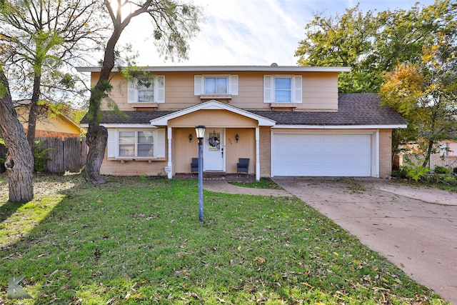 traditional-style home featuring driveway, brick siding, roof with shingles, fence, and a front yard