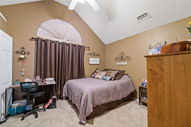 bedroom featuring lofted ceiling, carpet floors, ceiling fan, and visible vents