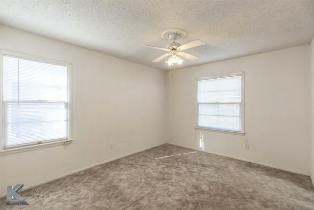 carpeted empty room featuring a wealth of natural light, ceiling fan, and a textured ceiling