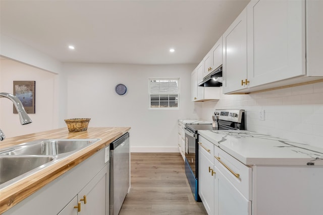 kitchen featuring tasteful backsplash, light wood-style flooring, appliances with stainless steel finishes, under cabinet range hood, and a sink