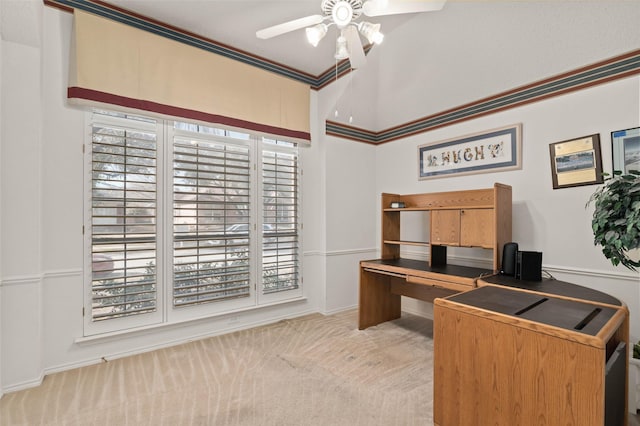 office area featuring light colored carpet and ceiling fan