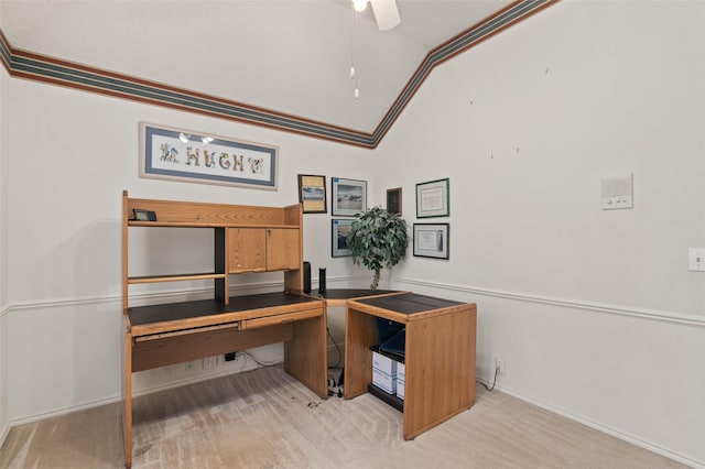 office area with ceiling fan, lofted ceiling, light colored carpet, and ornamental molding