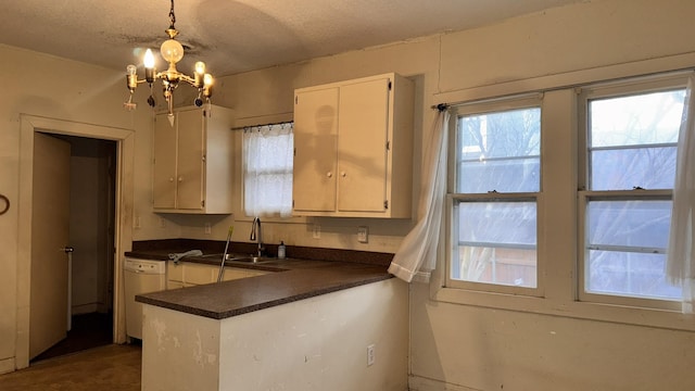 kitchen featuring a chandelier, a sink, white cabinetry, dishwasher, and dark countertops