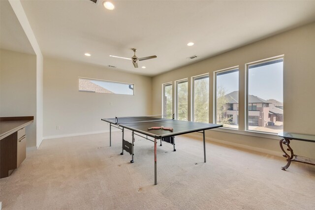 3743 Pistol Creek Dr, Frisco, TX 75034 - rec room featuring light carpet, baseboards, recessed lighting, and ceiling fan