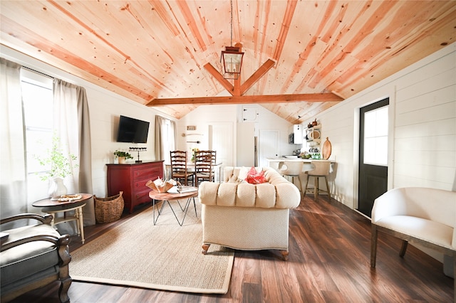 living area featuring lofted ceiling, wooden ceiling, and dark wood-style flooring