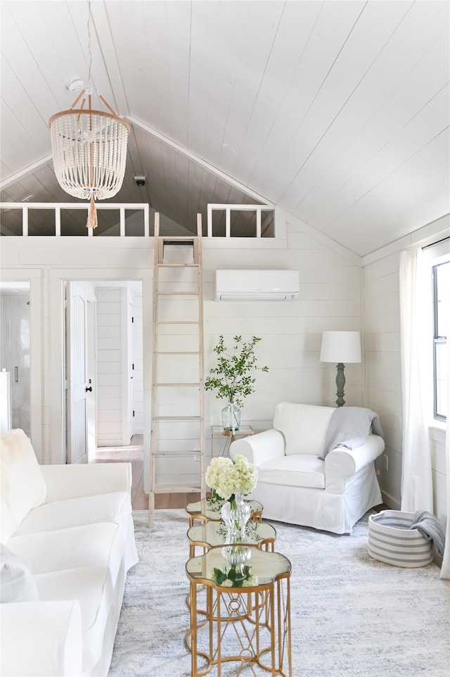 living room featuring lofted ceiling, a wall mounted AC, wooden ceiling, and a notable chandelier