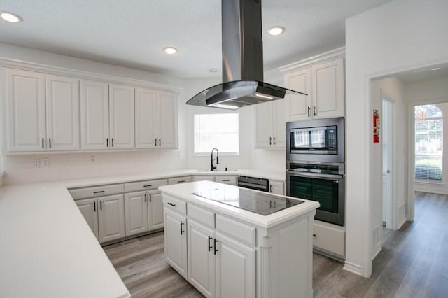 kitchen featuring island exhaust hood, stainless steel appliances, white cabinetry, a sink, and a kitchen island