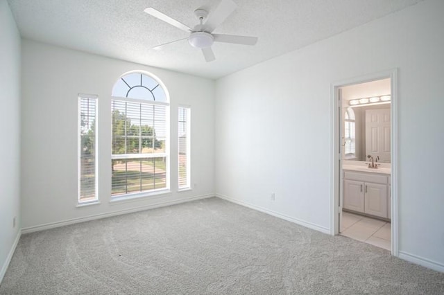 interior space featuring a sink, baseboards, a textured ceiling, and light colored carpet