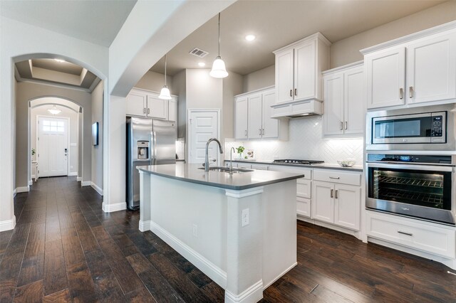 kitchen featuring visible vents, a sink, stainless steel appliances, premium range hood, and backsplash