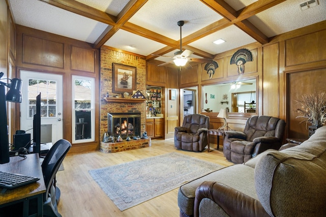 4017 Cherryhill Ct, Arlington, TX 76016 - living area with a ceiling fan, plenty of natural light, light wood-style flooring, coffered ceiling, and beamed ceiling