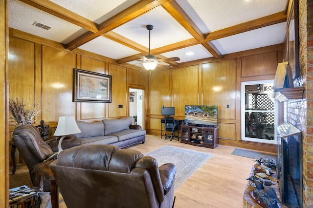 4017 Cherryhill Ct, Arlington, TX 76016 - living room featuring beam ceiling, light wood finished floors, a ceiling fan, coffered ceiling, and wooden walls