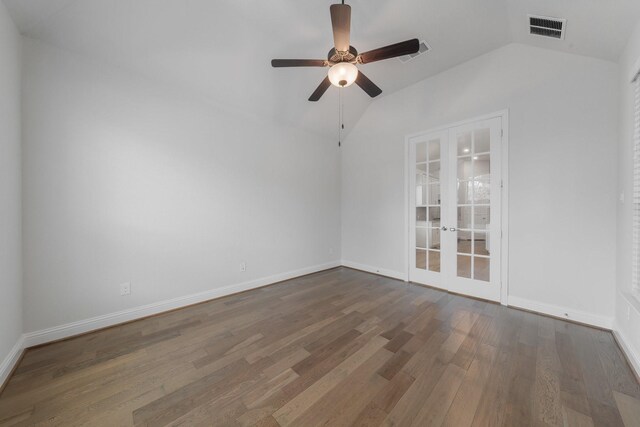 2121 Newton Ln, Mckinney, TX 75071 - spare room with ceiling fan, french doors, visible vents, vaulted ceiling, and wood finished floors