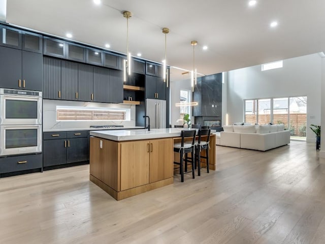 kitchen featuring an island with sink, light wood-style floors, appliances with stainless steel finishes, and pendant lighting