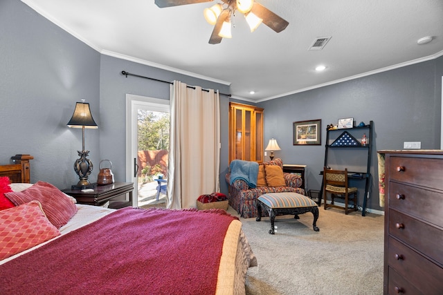 carpeted bedroom with access to exterior, visible vents, and crown molding