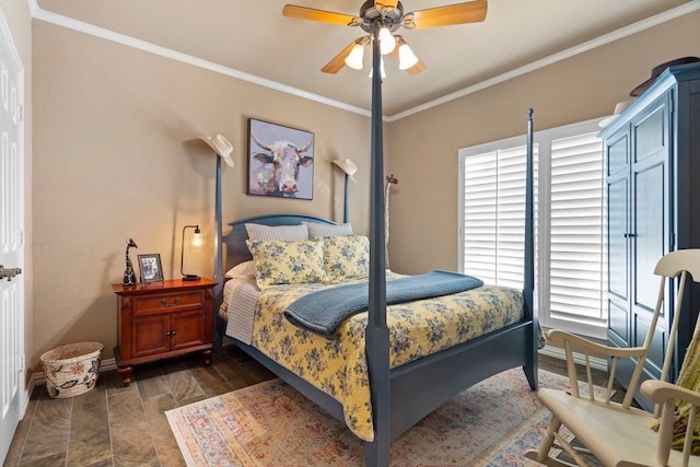 bedroom featuring ornamental molding, dark wood-style flooring, a ceiling fan, and baseboards