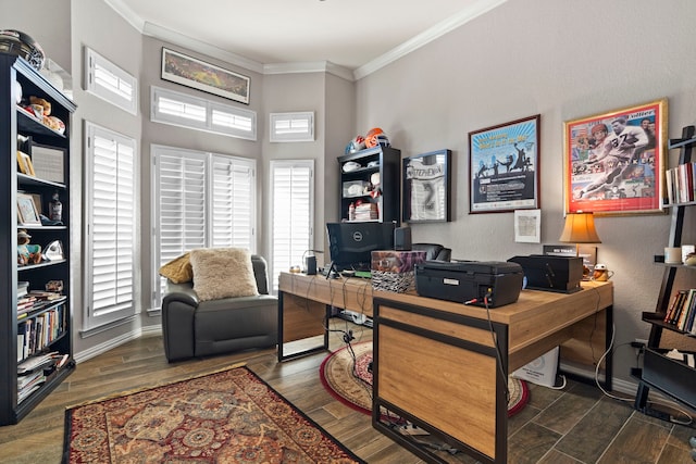 office space with ornamental molding, wood finished floors, and baseboards