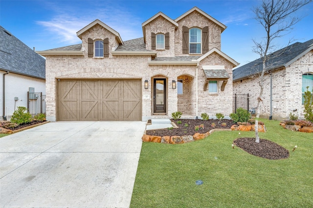 french provincial home featuring roof with shingles, concrete driveway, a front yard, a garage, and brick siding