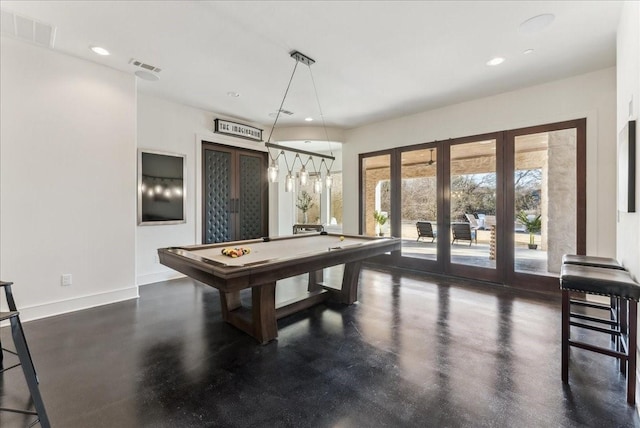 game room with recessed lighting, french doors, visible vents, and baseboards