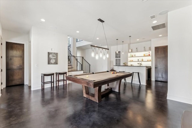 game room with recessed lighting, visible vents, billiards, wet bar, and concrete floors