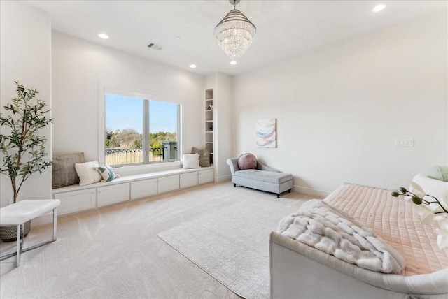 living area featuring light carpet, baseboards, visible vents, a notable chandelier, and recessed lighting