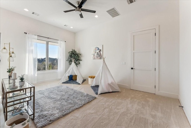 rec room featuring carpet, visible vents, and recessed lighting