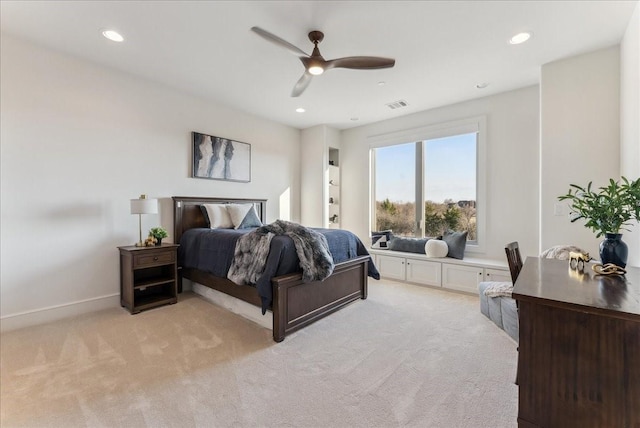 bedroom featuring ceiling fan, recessed lighting, visible vents, and light colored carpet