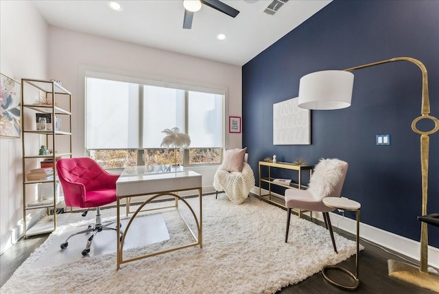 office with recessed lighting, visible vents, ceiling fan, wood finished floors, and baseboards