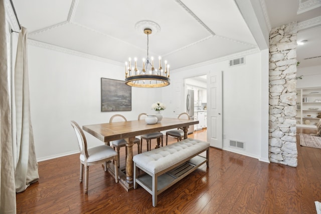 dining room featuring lofted ceiling, wood finished floors, and visible vents