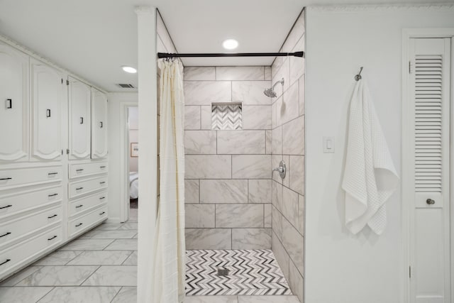 bathroom with recessed lighting, visible vents, marble finish floor, a closet, and a stall shower