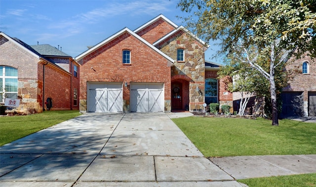 traditional home featuring brick siding, an attached garage, a front yard, stone siding, and driveway