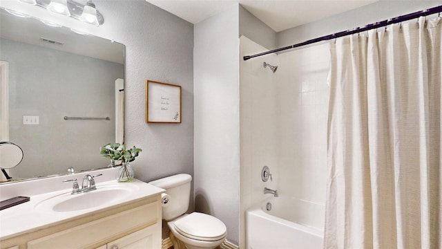 full bath with visible vents, a textured wall, shower / bathtub combination with curtain, toilet, and vanity