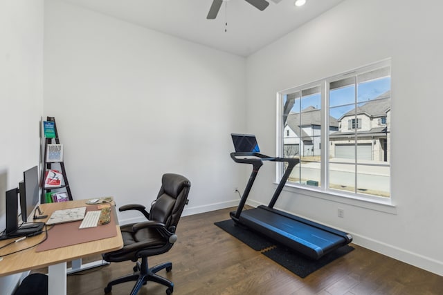 home office with ceiling fan, recessed lighting, wood finished floors, and baseboards