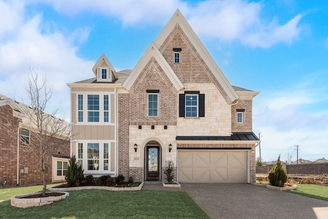 view of front of house featuring aphalt driveway, brick siding, and a front lawn