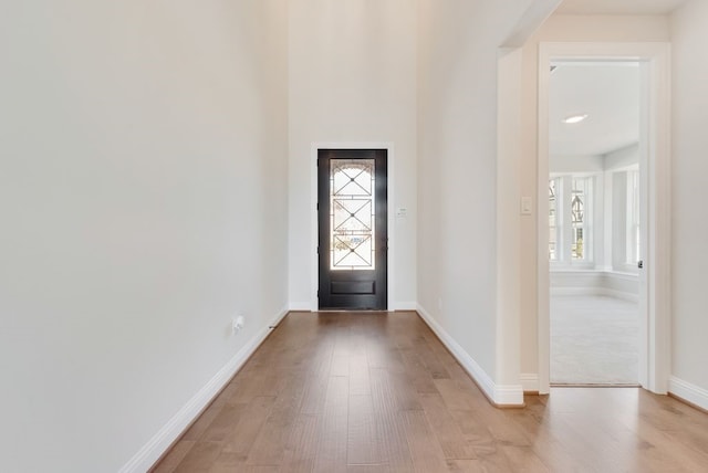 foyer entrance with light wood finished floors, a wealth of natural light, and baseboards