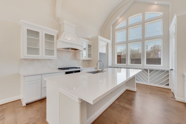 kitchen featuring light wood finished floors, custom range hood, glass insert cabinets, high vaulted ceiling, and a sink