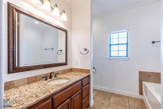 357 County Road 337, Tuscola, TX 79562 - bathroom with vanity, baseboards, tile patterned floors, crown molding, and a bath