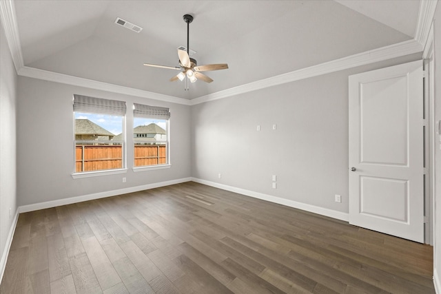 unfurnished room with baseboards, visible vents, dark wood finished floors, a ceiling fan, and ornamental molding